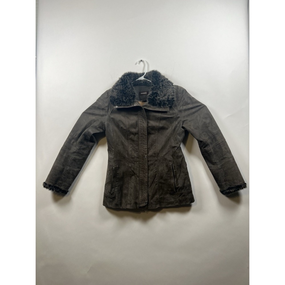 Danier Gray Leather Jacket Faux Fur Trim Y2K Chic Size S